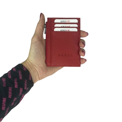 Шкіряна кредитниця Karya з кишенею на блискавці 0042-46 червоного кольору, Натуральна шкіра, Зерниста, Червоний