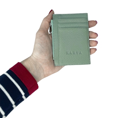 Кожаная кредитница Karya с карманом на молнии 0042-026 мятного цвета, Натуральная кожа, Зернистая, Зеленый