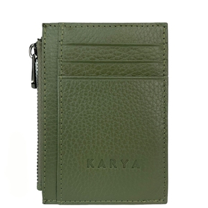 Кожаная кредитница Karya с карманом на молнии 0042-084 оливкового цвета, Натуральная кожа, Зернистая, Зеленый