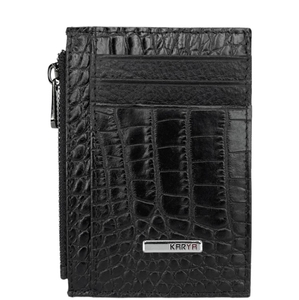 Кожаная кредитница Karya с карманом на молнии 0042-53 черного цвета, Натуральная кожа, Под кожу крокодила, Черный