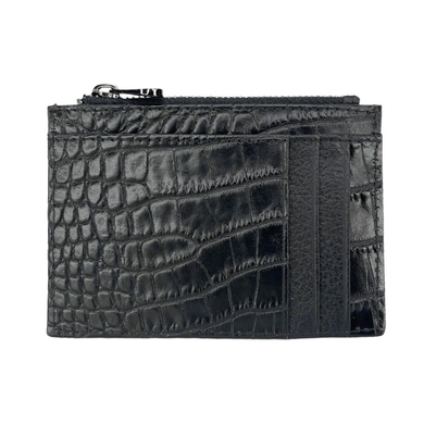 Кожаная кредитница Karya с карманом на молнии 0042-53 черного цвета, Натуральная кожа, Под кожу крокодила, Черный